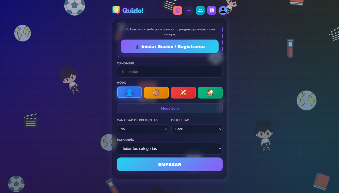 Quizlo - Pantalla Principal de Configuración